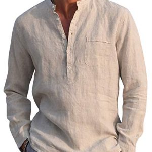 AUDATE Baumwolle Leinenhemd Herren Herbst Winter Hemd Langarm Regular Fit Freizeithemd Shirts Khaki L