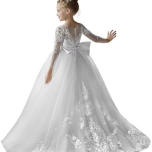Tüll Spitze Blumenmädchen Kleider für Hochzeit Langarm Puffy A-Linie Prinzessin Geburtstag Partykleider mit Bowknot Weiß 7