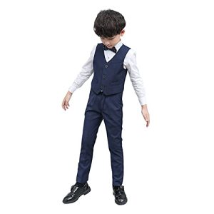 Anzug Kinder Jungen Einschulung Kleidung Set Gentleman Smoking Weste Sakkos + Hemd + Hose + Fliege 4tlg Outfit Hochzeit Festliche Anzüge Geburtstagsparty Taufkleidung Navy Blau 11-12 Jahre