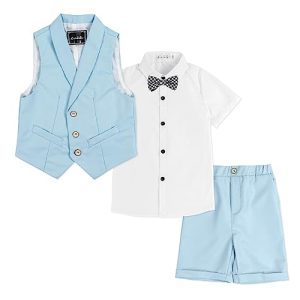 LOLANTA 4-teiliger Kinder Freizeit Anzug Set, Jungen Sommer Festlich Hochzeitsanzug, Kurzarm Hemd, Fliege, Weste, Kurze Hose, Blau, 100
