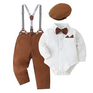SOLOYEE Baby Jungen Bekleidungssets Taufanzug Strampler mit Fliege + Gentleman HosenträGer Baby Junge Hochzeit Outfit Set 4tlg Weiß, 6-12 Monate