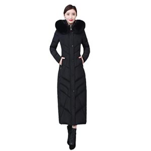Knöchellange Fellkapuze flauschige Daunenmäntel Damen Winter Mode großer Pelzkragen dickere warme Daunenmantel, Schwarz , 46