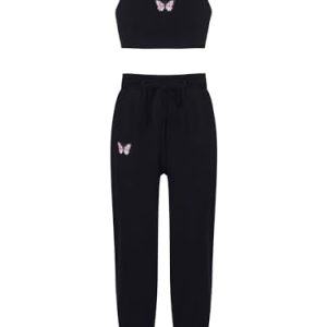 iiniim Mädchen Sport Kleidung Set Jogginganzug Schmetterling Druck Crop Top Oberteile mit Fitness Hose Jogger Tanz Yoga Training A Schwarz 158-164