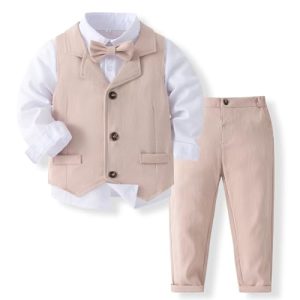 Volunboy Baby Anzug Jungen Anzugweste Hemd mit Fliege für Festlich Hochzeit Bekleidung Set 4tlg(3-4 Jahre,Leinen,Größe 110)