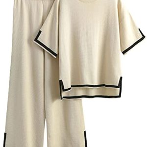 Faleave Damen Strickpullover, 2-teilig, kurzärmelig, elastische Taille, weites Bein, Hose, Lounge-Set, aprikose, S