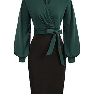 GRACE KARIN Damen Abendkleid Arbeit Bodycon Hochzeit Gast Büro Kleider V-Ausschnitt Langarm Bleistiftkleid mit Gürtel 2XL Dunkelgrün-schwarz CL0761S21-01