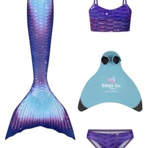 Planet Mermaid Kinder Deluxe Set Meerjungfrau Schwanz Schwimmanzug für Mädchen Enthält UK's führende Schwimmhilfe 'Magic Fin', Schwanz, Tankini Top & Slip, Enchanted Drops, 6-7 Jahre