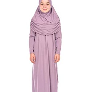 Einteiliges muslimisches Kleid für Mädchen Langarm Islamisches Gebetskleid mit Kopfschal für muslimische Mädchen Jilbab Hijab Muslim Girls Mode Abayas Größe: 8-12 Jahre alte Farbe: Rose Farbe