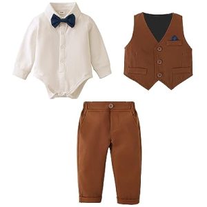 Baby Jungen Bekleidungsset Anzug, Kleinkind Gentleman Langarm Strampler Hemd + Hose + Weste + Fliege Festliche Taufe Hochzeit (Braun, 18-24 Monate)