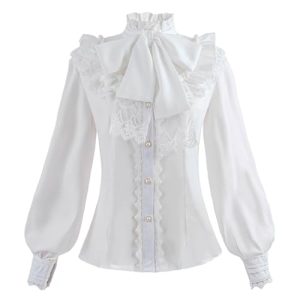 Fiamll Damen Viktorianisch Bluse Vintage Schleifenhemd Stehkragen mit Rüschen Langarmshirt Weiß M
