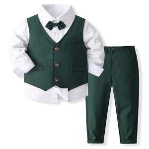 Volunboy Baby Anzug Jungen Anzugweste Hemd mit Fliege für Festlich Hochzeit Bekleidung Set 4tlg(Tiefgrün,12-18 Monate,Größe 80)