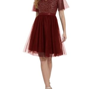 Meetjen Abendkleid Kurz Cocktailkleid Tüll Kleid V-Ausschnitt Festliches Kleid Damen Pailletten Abiballkleider mit Ärmel Weinrot L