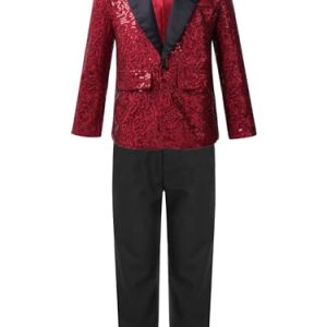 Freebily Jungen Glitzer Pailletten Anzug Elegant Pailletten Blazer Jacke Hose Set Kinder Festlich Hochzeit Outfit Formelle Silvesterparty Kleidung Set Burgundy_A 146-152
