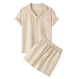 Celucke Zweiteiler Herren Leinenanzug Sommer Freizeitanzug Einfarbig 2-teilig Kurzarm Button-Up Revers Hemd und Shorts Beach Shirt Kurze Hose Set Baumwolle Leinen Anzug（Beige,M）