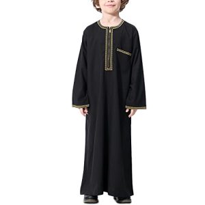 KRUIHAN Jungen Jubba Thobe,Langarm Kinder Abaya Kaftan,Arabische Robe mit Reißverschluss für Jungen,Muslimische Abaya Gebetskleidung für Kinder Jungen,Schwarz,150(11-12Y)