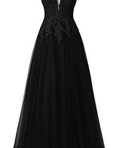 HUINI Damen Lang Abendkleid Hochzeitskleid Tüll Vintage Ballkleid V-Ausschnitt Cocktailkleid Sexy Spitezn Partykleider Schwarz 56