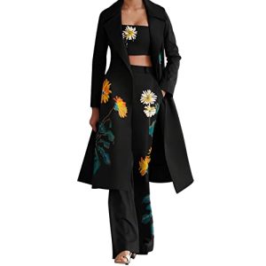 aromm Frauen 3St Gemustert Outfits Elegant Langarm Mantel Eingewickeltes Erntegut Oben Glockenflamme Hosenanzüge Set Schwarz, M