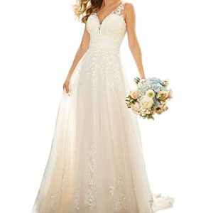 Brautkleid A-Linie V-Ausschnitt Hochzeitskleid Lang Elegant mit Schleppe Spitze Chiffon Rückenfrei Ärmellos F-Weiß 54