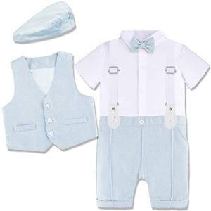 mintgreen Baby Anzug Junge Hochzeit, Taufoverall Kurzarm Outfit mit Baskenmütze, Hellblau, 6-9 Monate, 70
