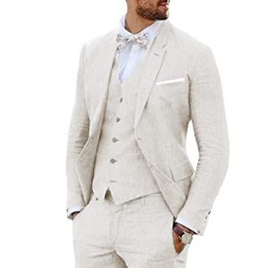 Furuyal Leinenanzug, 3-teilig, Vintage-Retro-Stil, Hochzeit, Abschlussball, Anzüge, schmale Passform, Jacke, Blazer, Bräutigam, Smoking, Elfenbein, L