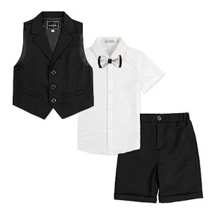 LOLANTA 4-teiliger Kinder Freizeit Anzug Set, Jungen Sommer Festlich Hochzeitsanzug, Kurzarm Hemd, Fliege, Weste, Kurze Hose, Schwarz, 170