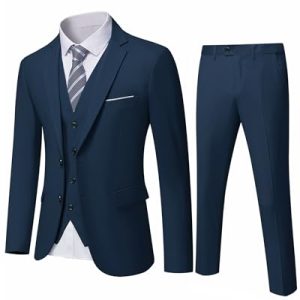 YND Herren Slim Fit 2 Knöpfe 3-teiliges Anzug-Set Solide Blazer Jacke Weste Hose & Krawatte, Tiefes Blau, M
