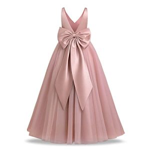 FYMNSI Brautjungfernkleider für Mädchen, V-Ausschnitt, Rücken, Schleife, Tüll, Maxi, langes Kleid, Kinder, formelles Abendkleid, Ballkleid, Erstkommunionskleid, rosa - dusty pink, 11-12 Jahre