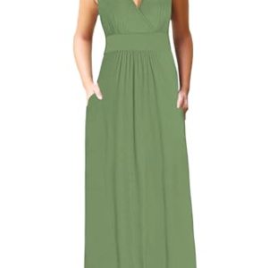 AUSELILY Maxikleid Damen Sommer ärmellos Kleid Lang Elegant tiefem V-Ausschnitt Abendkleid mit Taschen Olivgrün 2XL