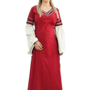Battle-Merchant Mittelalter Kleid Alvina Baumwolle Damen - bodenlang - Wikinger - Kleid - Gewandung- faschingskostüm - langärmelig, rot/Natur, Gr. L