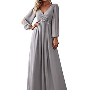 Ever-Pretty Damen Stilvolle Chiffon V-Ausschnitt Applique Plus Size Abendkleider mit Langen Laternenärmeln Grau 46EU
