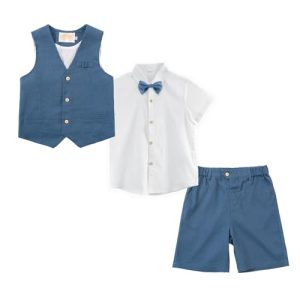 LOLANTA 4 STK Pagen Junge Anzug Set, Jungen Leinen Sommer Anzug, Festliche Sommerhochzeit Taufe Zeremonie Anzüge, Geburtstag Partykleidung, Kinder Westen Shorts Anzug Set, Blau, 5-6 Jahre, 120
