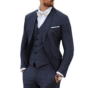 Furuyal Leinenanzug, 3-teilig, Vintage-Retro-Stil, Hochzeit, Abschlussball, Anzüge, schmale Passform, Jacke, Blazer, Bräutigam, Smoking, Marineblau, XX-Large