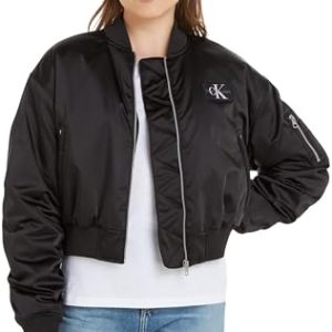 Calvin Klein Jeans Damen Bomberjacke Satin Bomber Übergangsjacke, Schwarz (Ck Black), XS