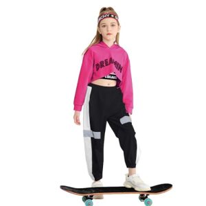 LOLANTA 3-teiliges Set Mädchen Hip Hop Tanzkleidung, Street dance Kleidung für Kinder, Hoodie, Tank Top, Joggerhose, Rosa