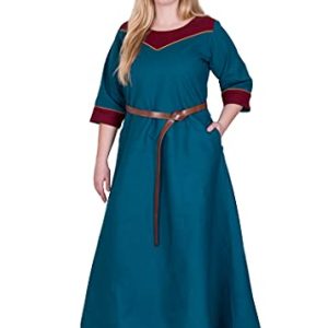 Battle-Merchant Mittelalter Kleid Damen Gesine lang | Wikinger Kostüm LARP Kleidung | mit eingenähten Taschen | Canvas Baumwolle (Petrol, S)