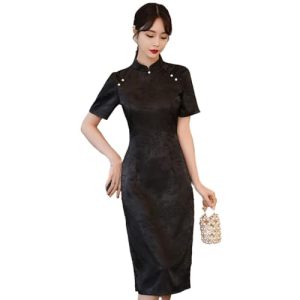 SWEPER Cocktailkleider Für Damen - Retro Schwarz Cheongsam Sommer Kurzarm Dinner Party Qipao Schlankes Kleid Traditionelle Chinesische Kleidung,Stil B,L
