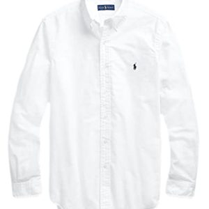 POLO RALPH LAUREN Klassisches Oxford-Hemd für Herren, langärmelig, Weiß mit solidem marineblauen Pony, Mittel