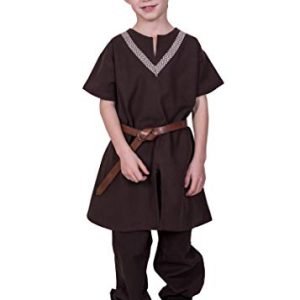 Battle-Merchant Kinder Mittelalter Tunika Ailrik mit Bordüre kurzarm | Jungen Mädchen (Braun, 146)