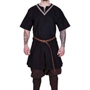 Battle-Merchant Mittelalter Tunika Ailrik | Baumwoll Tunika mit Bordüre für Herren | Schwarz/Braun/Blau/Grün S/M/L/XL/XXL (3XL, Schwarz)