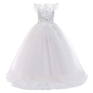 IBTOM CASTLE Blumensmädchenkleid Prinzessin Festliches Kinder Mädchen Blumenspitze Kleid Festzug Kleider Hochzeit Ballkleid Brautjungfern Kleidung Tüll Abendkleid Kommunion Partykleid Weiß 9-10 Jahre