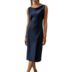 LilySilk Damen 100% 22MM Maulbeerseide Kleid Frau klassisches Kleid knielanger Slim Fit mit Wasserfallausschnitt und schrägem Schnitt für formelle Anlässe(Dunkel Blau,40)