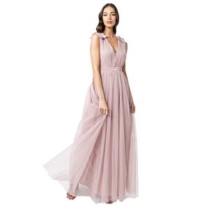 Maya Deluxe Damen Maya Deluxe Women's Maxi With Ruffle V Neck Sleeveless High Empire Waist Long Prom Guest Weddi Bridesmaid Dress, Frosted Pink, 48 EU