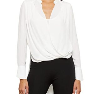 BCBGMAXAZRIA Women's Long Sleeve Wrap Front Top, Alabaster, X-Small