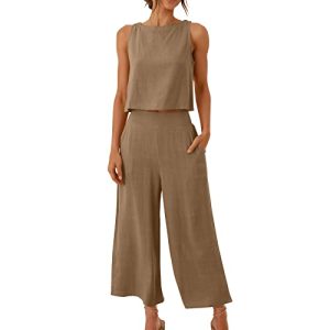 AACH Damen Zweiteilige Outfits Lässiges Sommer Outfits Leinen Crop Tank Top und Hose 2-teilige Rundhals Ärmelloses Freizeitanzug mit Taschen Hosenanzug Leicht premium marken