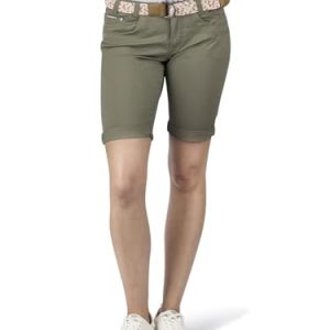 DENIMFY Bermuda Shorts Damen mit Gürtel Regular Fit DFPia Kurze Hosen Chino Short Sommer Knielang Stretch Einfarbig, Größe:XL, Farben:Washed Olive