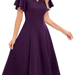 Homrain Damen 1950er Cocktailkleid Midilang Elegantes Vintage Kleid Plissee Kleid Vintage V-Ausschnitt Abendkleid A-Linie Grape M