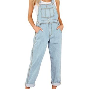 Roskiky Lässige Stretch Denim Latzhose für Damen, Jeans Overalls mit Taschen Azure Glow L
