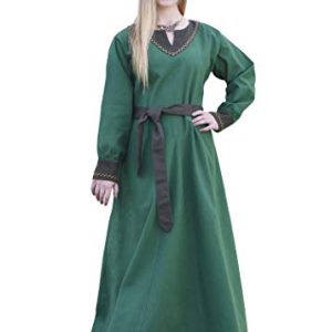 Battle-Merchant Langarm Mittelalter Kleid Jona mit Gürtel für Damen aus Baumwolle | LARP Wikingerkleid als Verkleidung und Kostüm (Grün, S)