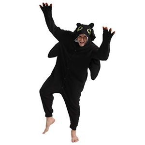 dressfan Tier Drache Kostüm Drache Jumpsuits Drache Pyjamas Cosplay Kostüm Weihnachten Halloween Schlafanzug für Unisex Erwachsene Jugendliche Kinder Schwarz S