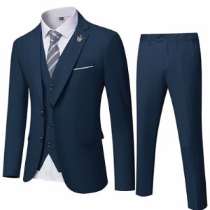 MY'S Herren 3 Stück Slim Fit Anzug Set 2 Knopf Blazer Jacke Weste Hose mit Krawatte Solide Hochzeitskleid Tux und Hose - Blau - L